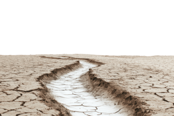 A dried-up riverbed cuts through a parched and cracked desert landscape.