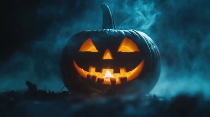 Fototapeta premium A glowing jack-o'-lantern surrounded by mist, evoking a spooky Halloween atmosphere.