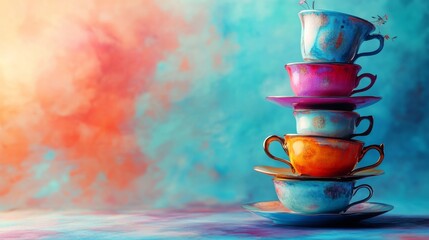 Upside-Down Wonderland Teacups Banner background of Mad Hatter Day theme banner design for microstock, no text, and wide copy space, Upside-Down Wonderland Teacups