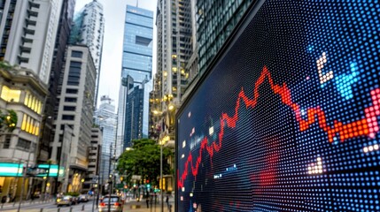 Digital stock market graph shows declining trends against a festive New York City backdrop with holiday decorations and blurred buildings