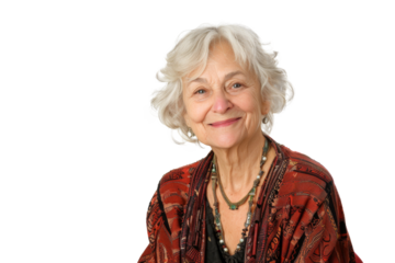 Portrait of a mature woman with a gentle, kind smile, her eyes radiating warmth and the depth of her life experiences, isolated on a transparent background
