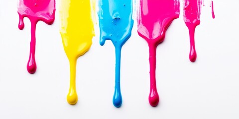 Naklejka premium Vibrant colors drip in a modern art style. Blue, yellow, and pink paint cascade down a clean white background. Perfect for creative projects and design inspiration. AI