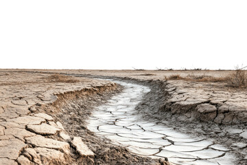 A dried and cracked earth landscape with a white clay path.