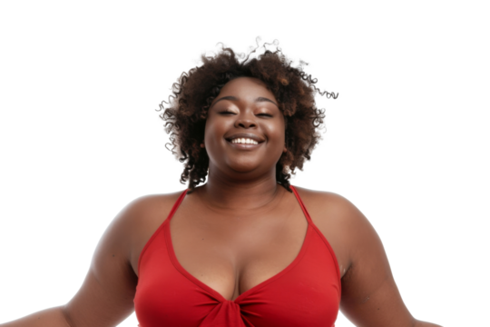 Portrait of an african black fat woman with a wide, cheerful smile, her face glowing with happiness as she poses with a fun and playful expression, isolated on a transparent background