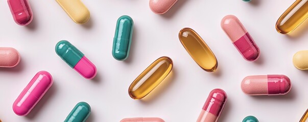 Symmetrical layout of probiotics capsules in vibrant colors, isolated on a clean, white background, soft shadows creating depth, representing balance and gut health
