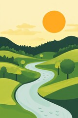 Obraz premium Serene Landscape Illustration With River and Sun