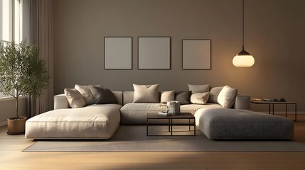 Cozy and Inviting Modern Living Room with a Large Comfortable Sectional Sofa and Minimalist Stylish Decor the Color Tones Adding a Touch of Sophistication and Elegance