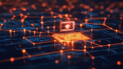 A digital network visualization with glowing nodes and a central upload symbol.