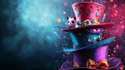 Whimsical Animal Parade in Hats Banner background of Mad Hatter Day theme banner design for microstock, no text, and wide copy space, Whimsical Animal Parade in Hats,
