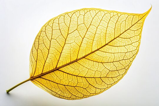 Isolated yellow leaf with intricate network of veins spreading out from the stem, set against a soft, creamy white background, highlighting natural simplicity.