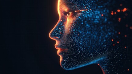 Futuristic digital face silhouette with glowing particles showcasing advanced technology and artificial intelligence concept.