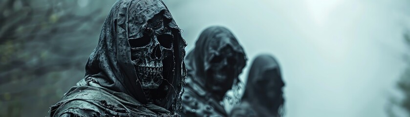 Creepy skeleton figures in tattered robes, eerie lighting