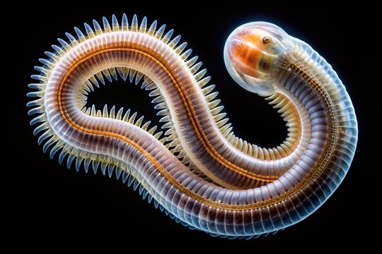 Macro image of a parasitic flatworm, specifically a tapeworm, with translucent body and segmented proglottids, highlighting its anatomy and parasitic nature.