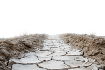 A cracked earth path leading through a barren desert landscape.