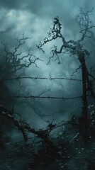 Dark, eerie landscape with twisted trees and barbed wire, misty background