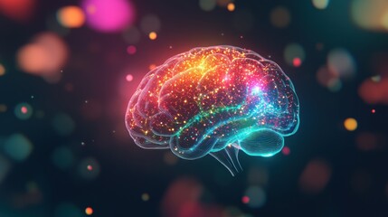 Fototapeta premium A vibrant, glowing brain illustration with colorful particles, symbolizing creativity and thought.