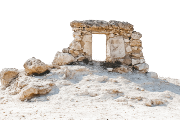 An ancient stone archway ruin sits amidst a white sandy desert landscape, its weathered stones and doorway hinting at a lost history.