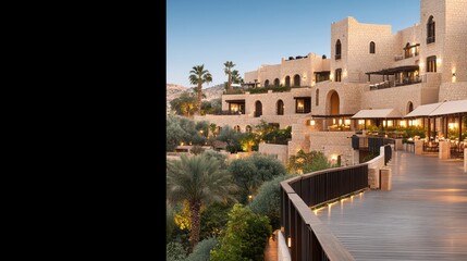 The ancient Greek hotel shines brightly at night, featuring wooden walkways and railings surrounded by lush olive trees in a serene Mediterranean landscape