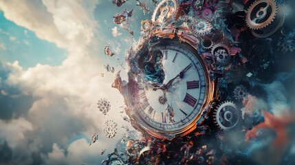 Whimsical Clock Melting: A surreal banner background of Mad Hatter Day no text, and wide copy space, featuring a distorted, melting clock with intricate gears spilling out,