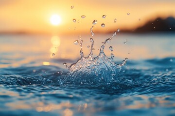 Droplets burst upwards from the water as the sun sets, creating a serene atmosphere