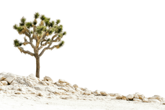 A solitary Joshua tree standing tall against a green background with white rocks in the foreground.