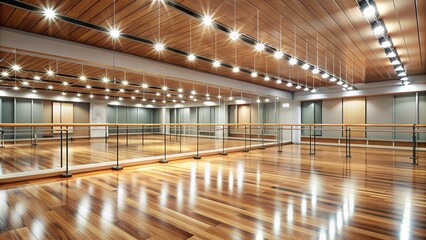 Polished wooden dance studio floor reflects bright overhead lights, surrounded by mirrors and sleek barres, evoking a sense of elegance and movement.