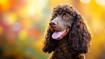 A close-up of a curly-haired dog with a joyful expression in a colorful autumn setting.