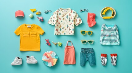 This arrangement showcases a variety of children's shirts, pants, and fun accessories, designed to inspire playful and imaginative outfits for young kids