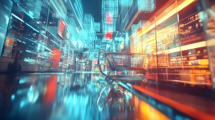 Cyber Monday Showcase of Gleaming Salespeople with Futuristic Holographic Product Catalogs and Hovering Shopping Carts in a Sleek Metallic Techno Minimalist Environment