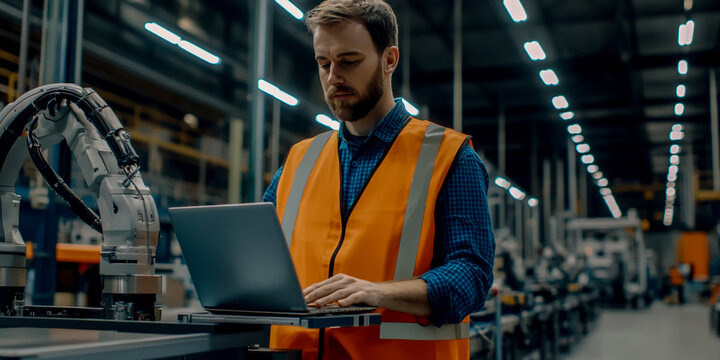 Engineer in a high-visibility vest using a laptop to control a robot arm on a production line at a factory. - Powered by Adobe