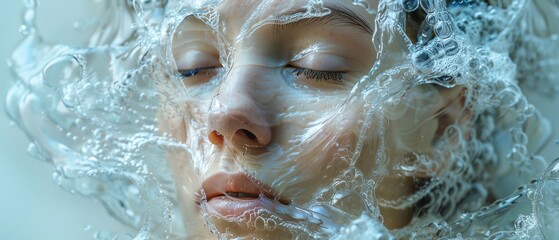 Obraz premium Face formed from water splashes, blue background, fluid