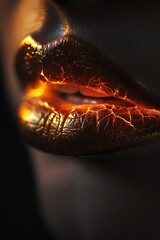 Extreme closeup of glossy lips, fire effect emerging, dark background, dramatic lighting, intense focus