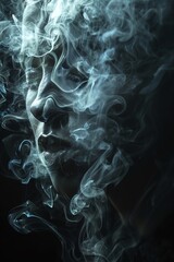 Face made of smoke, eerie expression, dark background, ghostly atmosphere, dramatic lighting