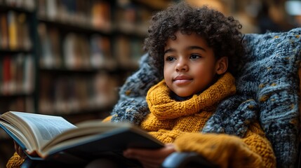 Happy young disabled mixed race school student in wheelchair reading a library book. African american child with disability learning. Inclusive & diverse education