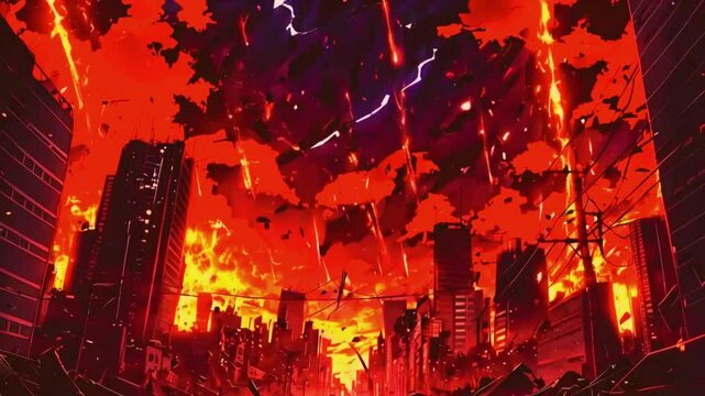 A futuristic city crumbling onslaught of meteors sky. Streets burn with fire. Red skies and constant lightning heighten the chaos, 4k 2D Flat Japanese Anime-style Landscape Animation Video