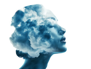 Woman with head hidden in clouds on white background PNG transparent.