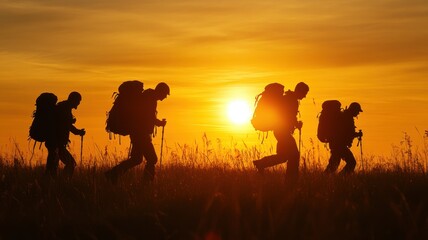 Silhouette of hikers walking at sunset, nature adventure and exploration.