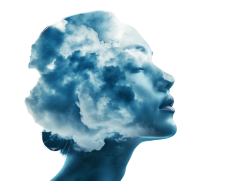 Woman with head hidden in clouds on white background PNG transparent.