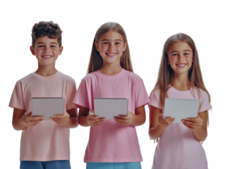 Three children holding tablets and smiling on white background PNG transparent.