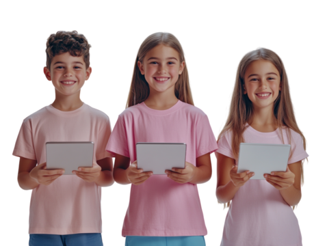 Three children holding tablets and smiling on white background PNG transparent.