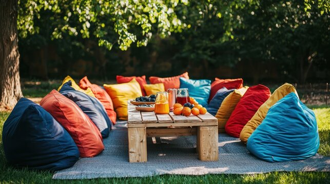 an outdoor picnic setup with beanbags arranged around a low table, promoting casual gatherings