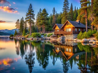Obraz premium Serene lakefront property with a rustic wooden house and surrounding pine trees reflecting perfectly in the calm waters of Lake Tahoe, Nevada at sunset.