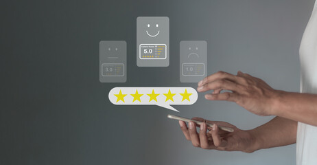 Customer Review, Young Man hand using smartphone mobile touch five star to review and give 5 stars with very good results in service, Good review 5 star rating choice feedback