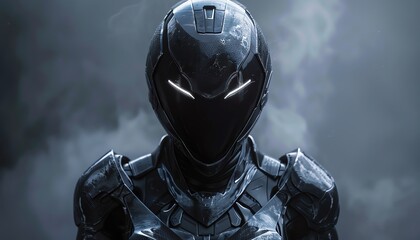 Futuristic armored woman, dark suit, dramatic lighting