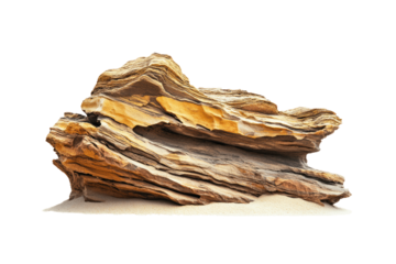 A close-up of a large, weathered rock formation on a sandy surface, showcasing its layered texture.