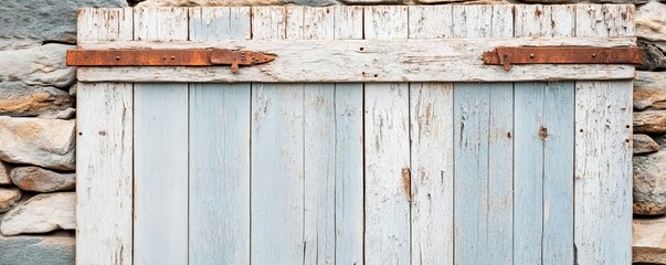 Weathered barn door with chipped paint, rusty hinges, and cracked wood, leaning against a faded brick wall, symbolizing rustic charm