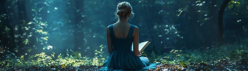 Fototapeta premium Girl in blue dress reading in dark enchanted forest, front shot