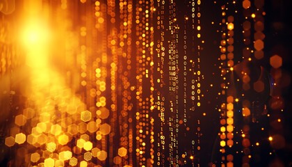 Naklejka premium Glowing binary code in warm tones, blurry background, digital data visualization