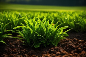 green grass in a field and fertile soil