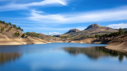 Golden mountains rise in the background as clouds drift across a midnight blue sky, reflected perfectly on El Chorro de la Regalera lake amidst lush summer greenery
